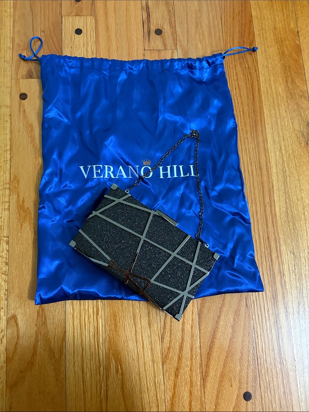 Verano Hill Black Glitter Evening Clutch with Chain